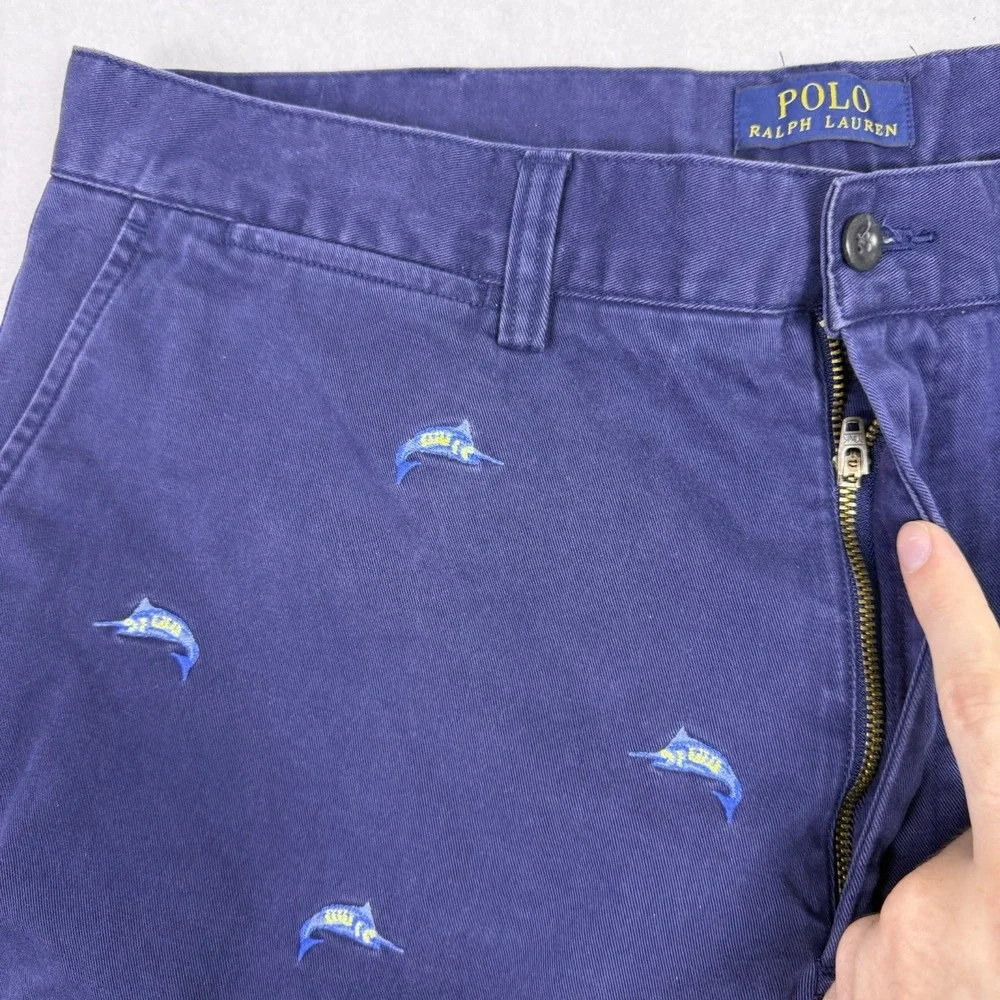 Polo Ralph Lauren Mens Size 35 Navy‎ Blue Marlin Fish Embroidered Chino Shorts